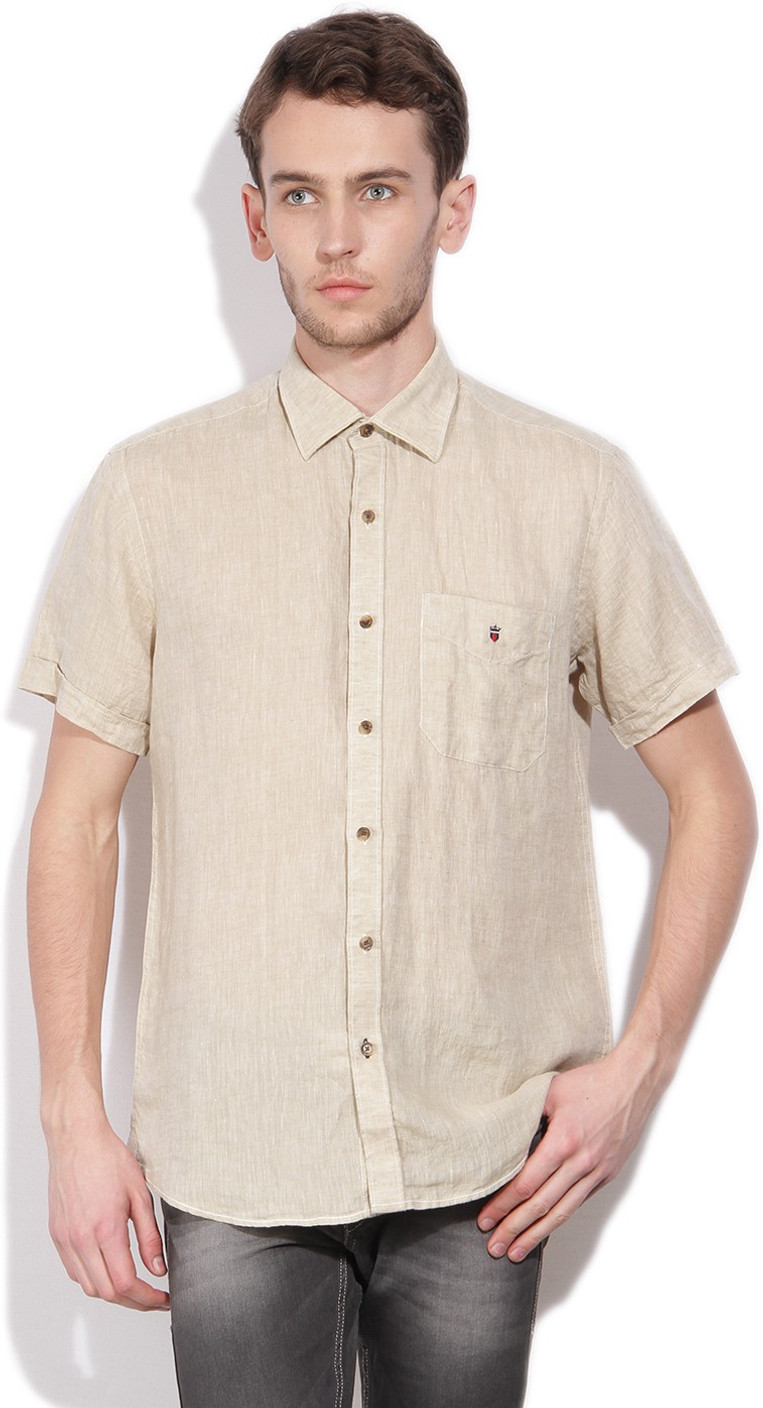 LP Louis Philippe Men&#39;s Self Design Casual Linen Beige Shirt - Buy Light khaki Solid LP Louis ...