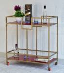 SamDecors Solid Wood Kelly Multipurpose Bar Trolley with Wheels with Two Shelves in Red Finish and Iron Frame in Golden Finish Solid Wood Bar Trolley