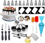 Unique Impex cake baking set combo- Free 10 Pcs Disposable Frosting Icing Piping Bag + Cake Turntable + Cake Smoother + 8-Pc Black Measuring Cups + Silicone Spatula and Brush Set + 4 Pcs Set Scraper + 12 Piece Cake Decorating Set + 3 Pcs Multi-Function St