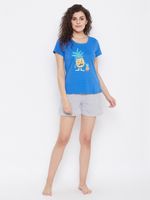 Clovia Women Printed Round Neck Cotton Blend Blue T-Shirt