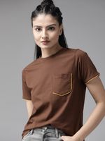 Roadster Women Solid Round Neck Pure Cotton Brown T-Shirt