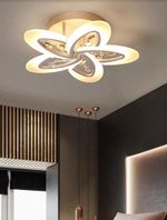 Shri Mahal Antiques White Crystal LED Chandelier (5 Petal Tricolor) with Remote Control Chandelier Ceiling Lamp (Gold)