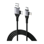 Portronics 4-in-1 Cable 3 A 1 m Konnect 4 IN 1 Multi Functional with Nylon Braided Fast for Android, iOS Devices (Compatible with Smartphones, Tablet, Laptop, Macbook, Black, One Cable, NA)