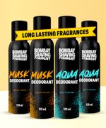 Grab:BOMBAY SHAVING COMPANY Fresh Aqua & Intense Musk 120mlx4 Combo Deodorant Luxury Long Lasting Fragrance Deodorant Spray  –  For Men & Women (480 ml, Pack of 4)