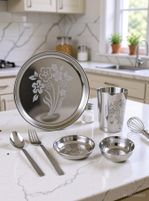 LIMETRO STEEL Pack of 6 Stainless Steel Laser Printed (Serves 1) Dinner Set (Steel)