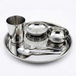 Human Hydro Pack of 6 Stainless Steel Plate, Bowl (Katori), Side Plate, Glass, Spoon & Fork Dinner Set (Steel)