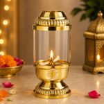 SANVI HANDICRAFT Akhand Jyot Diya with Adjustable Bati, Long Burning Oil Lamp with Glass Cover Brass, Glass Table Diya (Height: 6.5 inch)