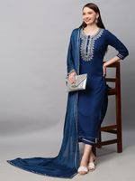 Gosriki Women Cotton Blend Kurti Pant Dupatta Set