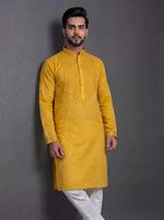 Tibra Collection Embroidered Cotton Blend Straight Kurta for Men (Yellow)