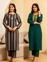 BILANZA Pack of 2 Striped Cotton Blend Straight Kurta for Women (Multicolor)