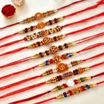 CraftVatika Religious RAKHI197 Mauli Thread, Pearl, Kundan Rakhi, Greeting Card Set (Multicolor Rakhi Combo Set of 10 for Brother with Greeting Card)