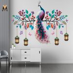 Housecreation 75 cm Colourful Peacock Wall Art Decal with Hanging Lanterns Decorative Wall Sticker Self Adhesive Sticker (Pack of 1)