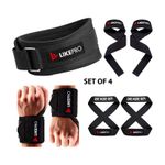 LIKEPRO Kit Set of 4 – Weightlifting Belt, Wrist Wraps, Lifting Straps & Figure 8 Straps Weight Lifting Belt (Black)
