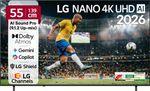 139 cm (55 inch) Ultra HD (4K) LED Smart WebOS TV 2026 Edition with NANO Detail Enhancer, HDR10 Pro, 4K Super Upscaling Alpha7 AI Processor 4K Gen9, Dolby Atmos, AI Sound Pro (9.1.2 ch), Multi AI (Google Gemini & MS Copilot), Linear Flow Design, 60Hz VRR, 5 Years OS upgrade, Secured by LG Shield, LG Channels (55NU870BPLA)