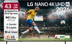 108 cm (43 inch) Ultra HD (4K) LED Smart WebOS TV 2026 Edition with NANO Detail Enhancer, HDR10 Pro, 4K Super Upscaling Alpha7 AI Processor 4K Gen9, Dolby Atmos, AI Sound Pro (9.1.2 ch), Multi AI (Google Gemini & MS Copilot), Linear Flow Design, 60Hz VRR, 5 Years OS upgrade, Secured by LG Shield, LG Channels (43NU870BPLA)