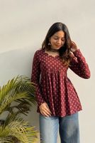 Krishna sakhi Casual Regular Sleeves Printed Women Maroon Top