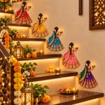 TRANDORA Diwali Lady Holding Diya Wall Decor Pack of 6 (Red, Yellow, Blue, Pink, green and purple)
