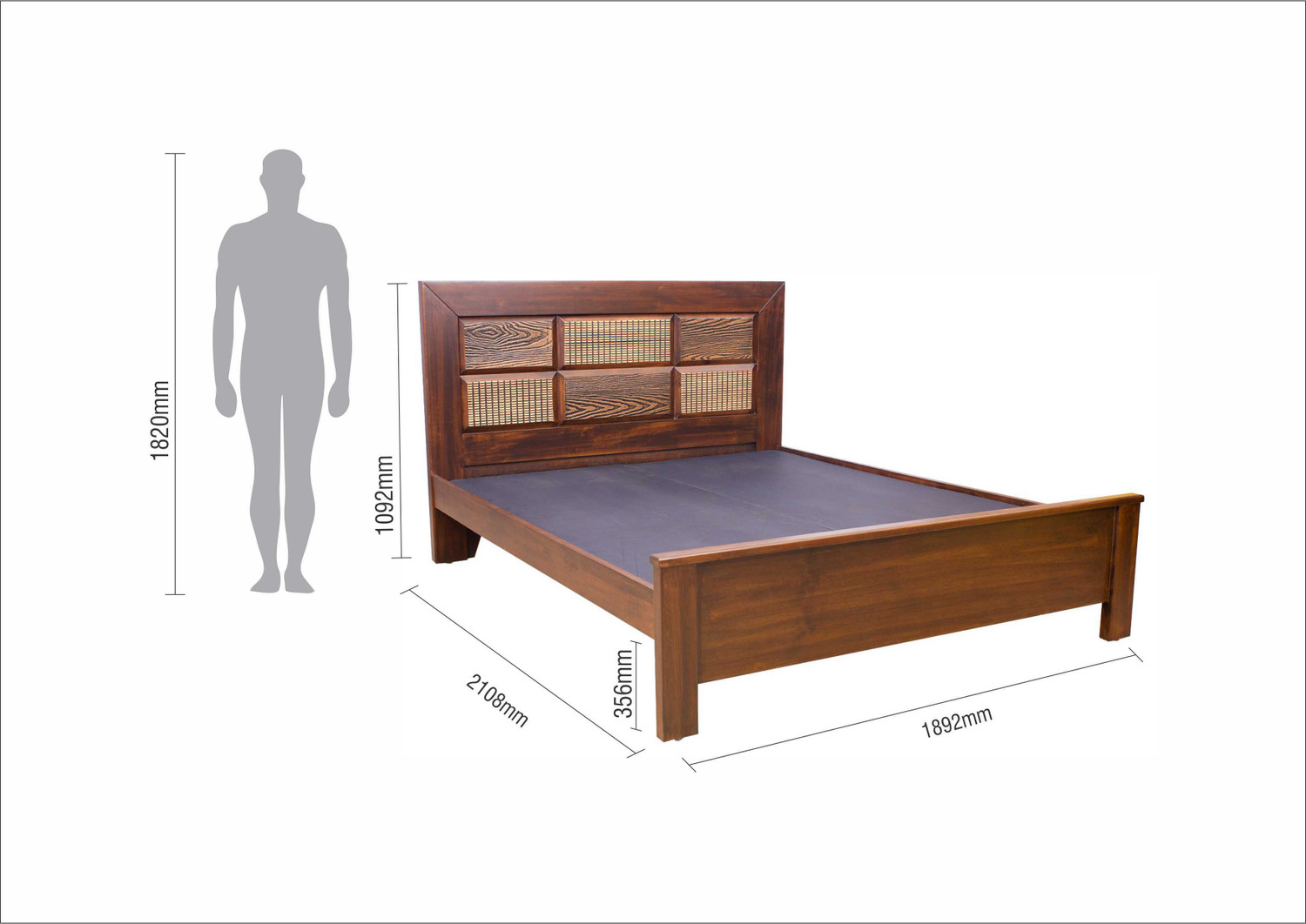Image of Woodbeei Solid Wood King Bed, 210.8 cm x 189.2 cm (6.92 ft x 6.21 ft) (Finish Color - Rustic Wallnut, Delivery Condition - Knock Down)