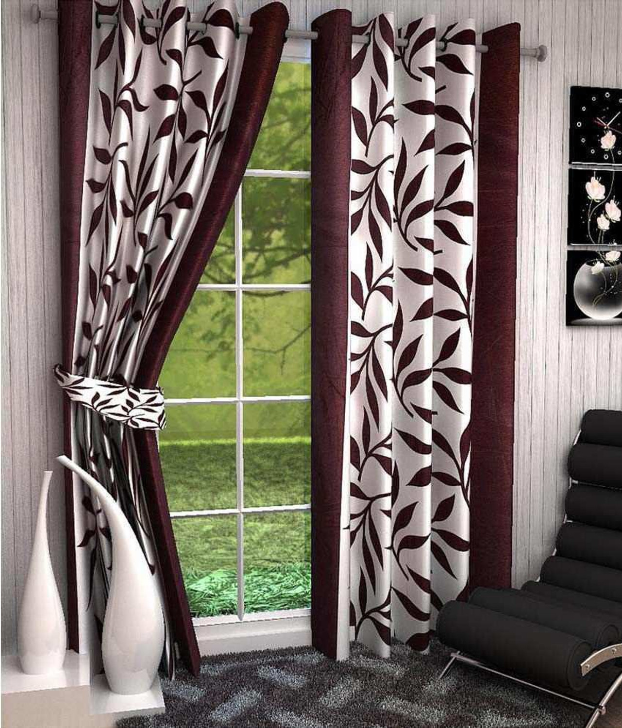 Image of RS Quality 270 cm (9 ft) Long Door Polyester Curtain (Pack Of 2) (Brown, Floral)
