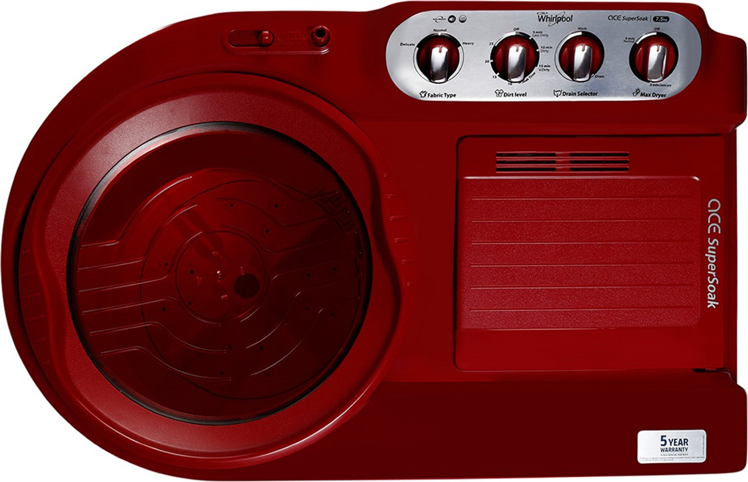Image of Whirlpool 7.5 kg 5 Star, Supersoak Technology Semi Automatic Top Load Washing Machine Red