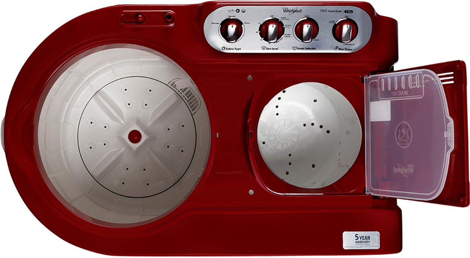 Image of Whirlpool 7.5 kg 5 Star, Supersoak Technology Semi Automatic Top Load Washing Machine Red