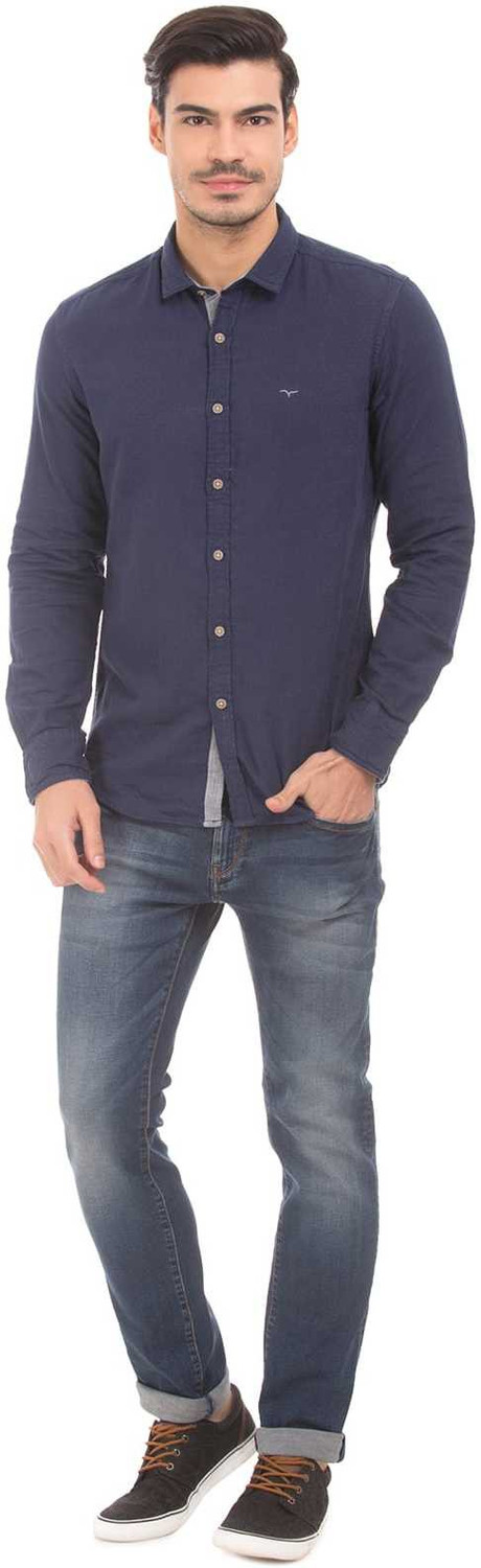 Image of FLYING MACHINE Men Checkered Casual Blue Shirt