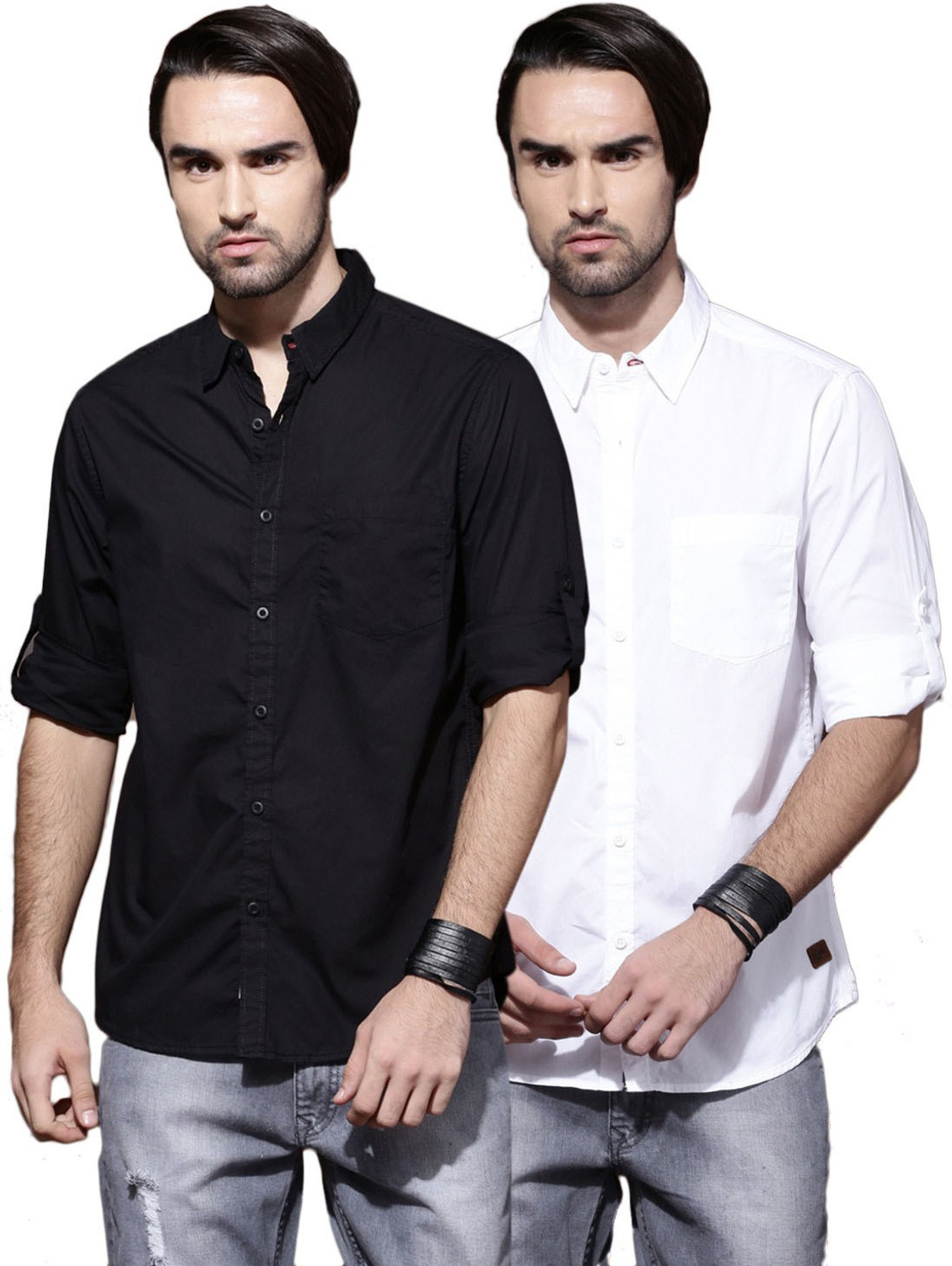 Roadster Men Solid Casual White, Black Shirt