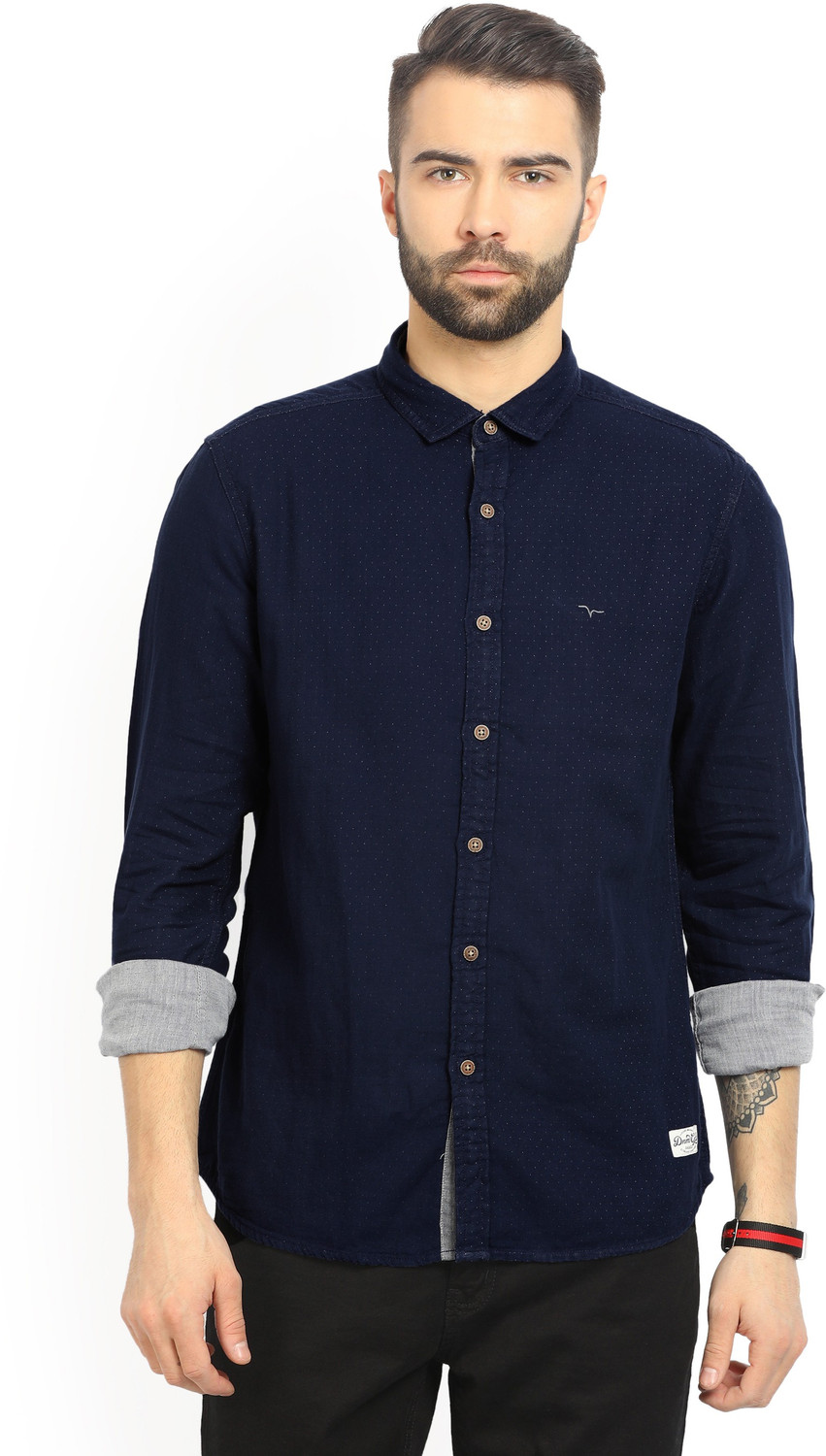 Image of FLYING MACHINE Men Self Design Casual Dark Blue Shirt