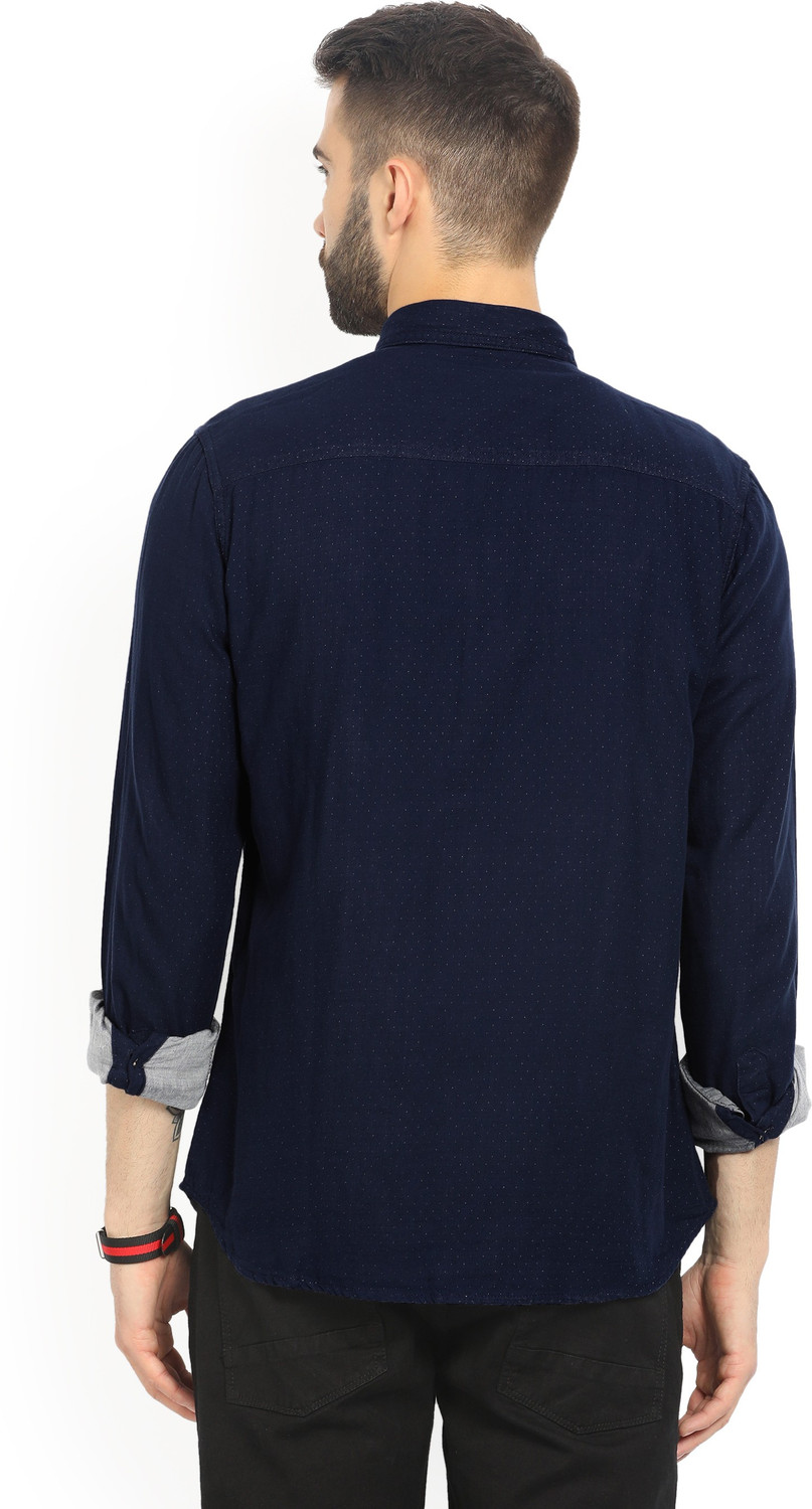 Image of FLYING MACHINE Men Self Design Casual Dark Blue Shirt