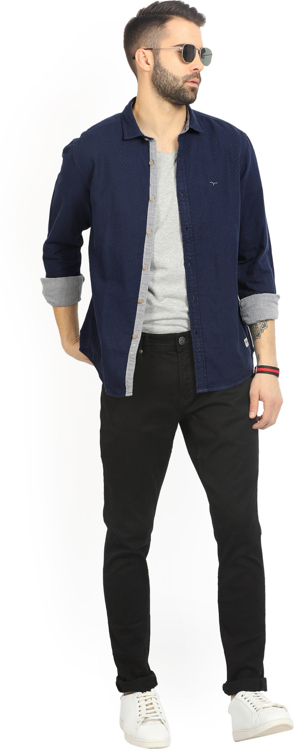 Image of FLYING MACHINE Men Self Design Casual Dark Blue Shirt