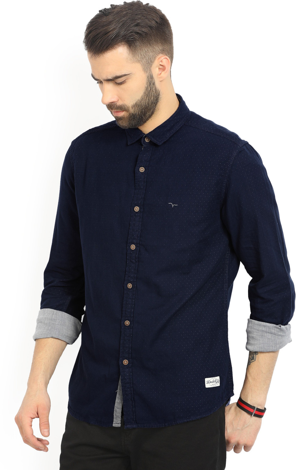 Image of FLYING MACHINE Men Self Design Casual Dark Blue Shirt