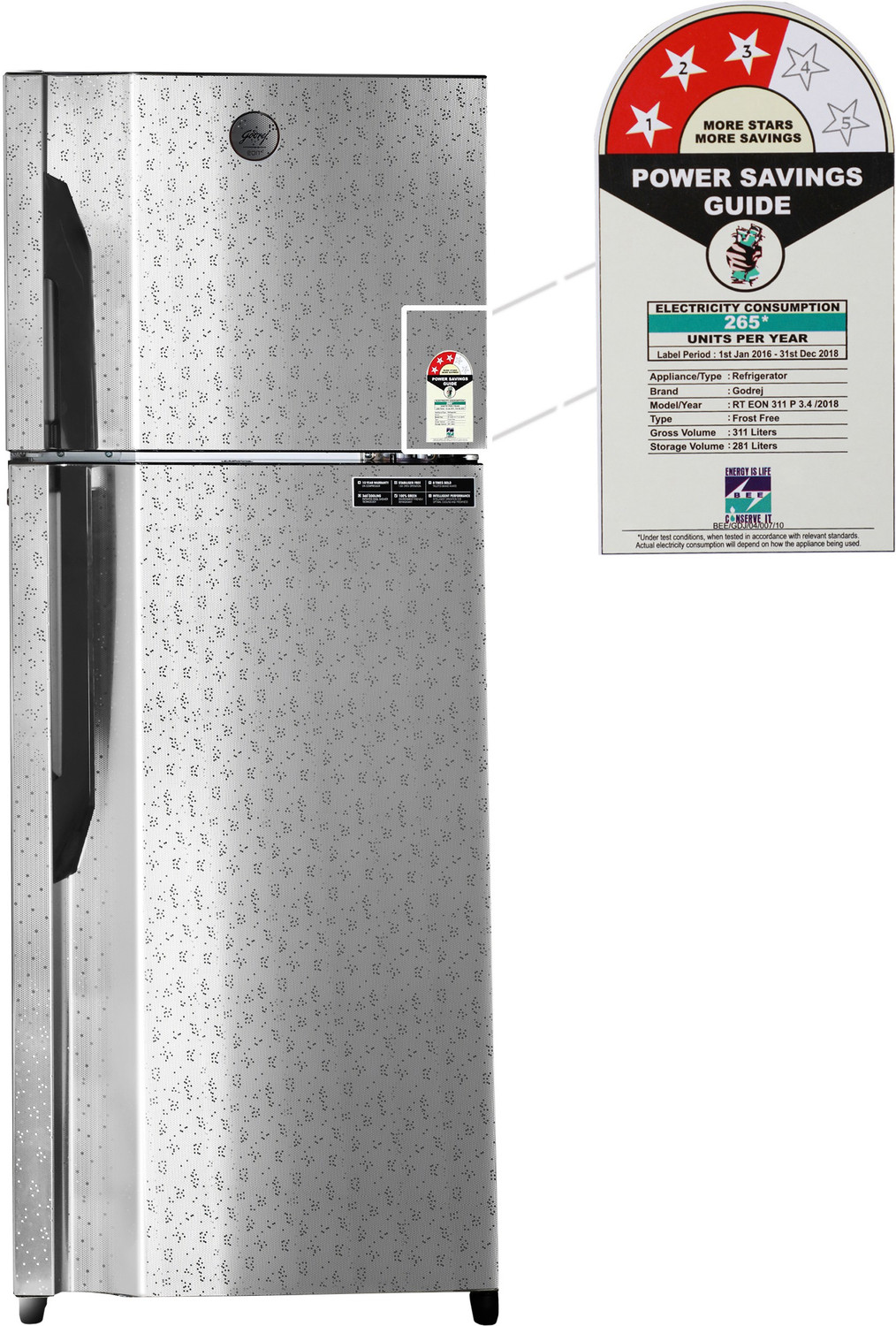 Image of Godrej 311 L Frost Free Double Door 3 Star Refrigerator