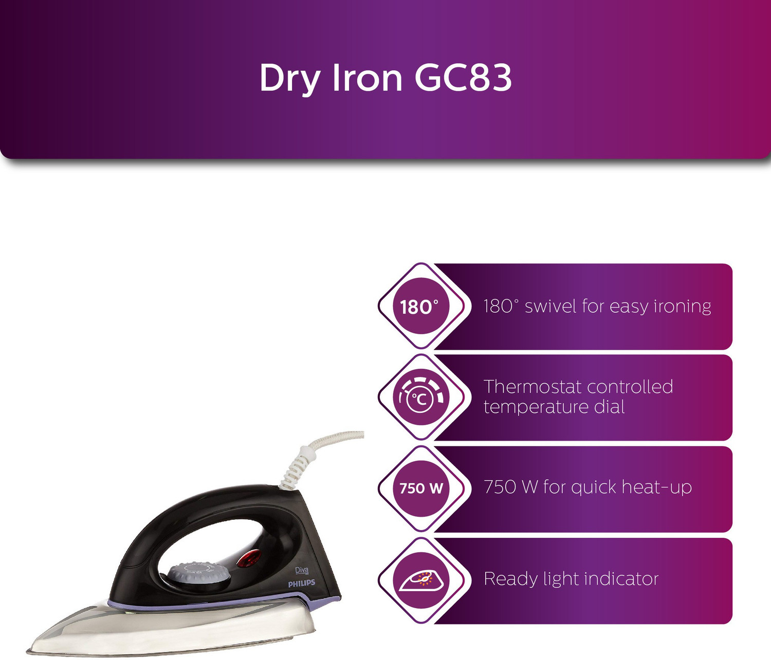 Image of PHILIPS GC83 750 W Dry Iron