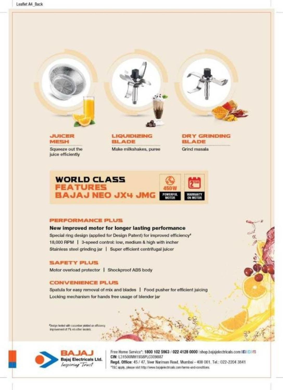 Image of BAJAJ Majesty JX4 Neo JMG 450 W Juicer Mixer Grinder