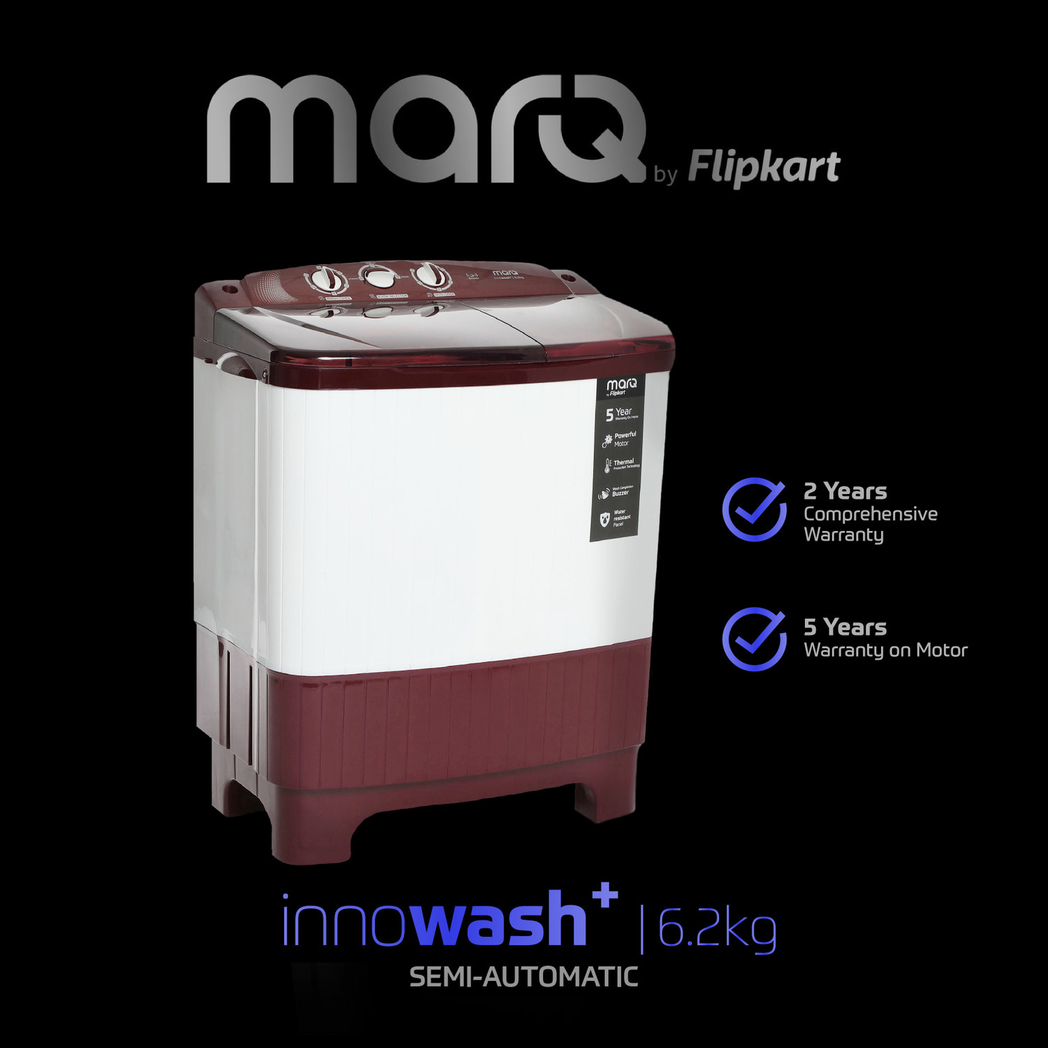 Image of MarQ by Flipkart 6.2 kg Semi Automatic Top Load Washing Machine Maroon