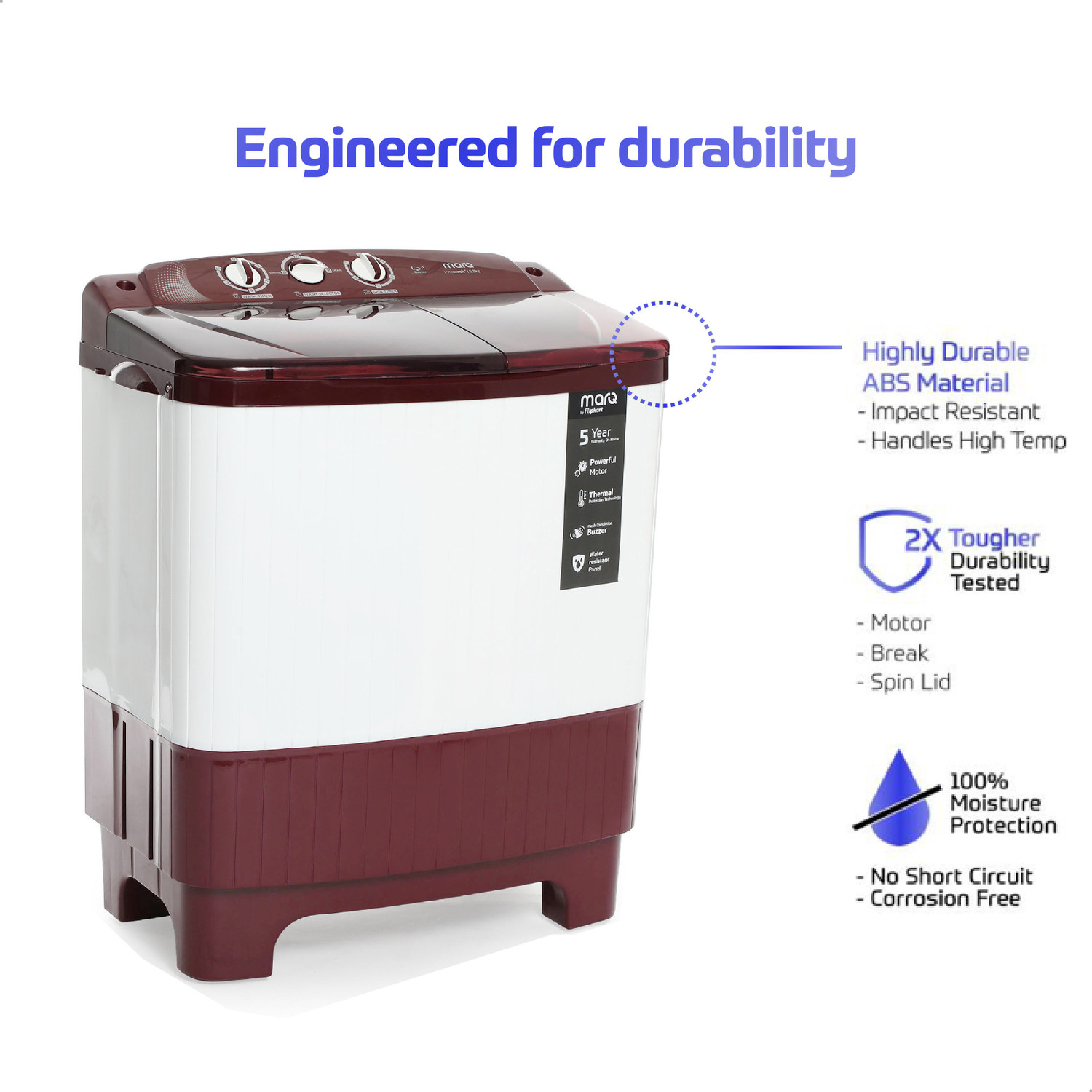 Image of MarQ by Flipkart 6.2 kg Semi Automatic Top Load Washing Machine Maroon