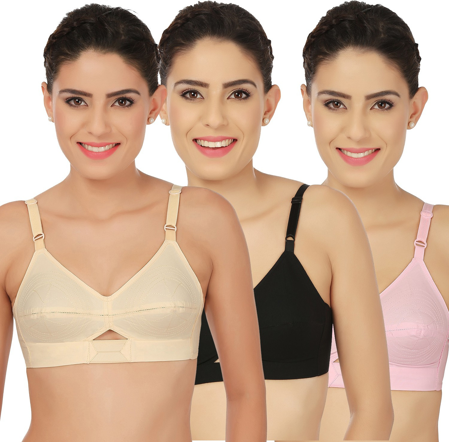 Image of Belle Non Slip Pack of 3 Women Full Coverage Non Padded Bra (Multicolor)