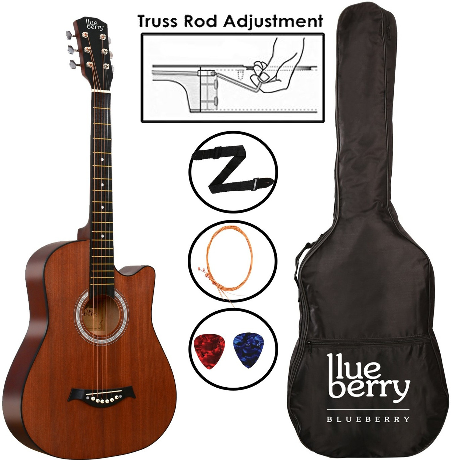 Image of BLUEBERRY B-D38S 38Inch Inbuilt TrussRod Acoustic Guitar Linden Wood, Sapele Mahogany Laminate Plastic Right Hand Orientation