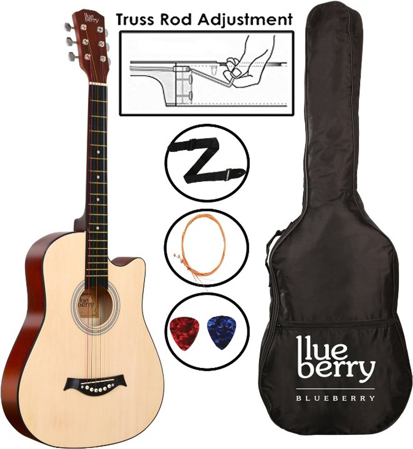 Image of BLUEBERRY B-D38-Natural, 38 inch Inbuilt TrussRod Acoustic Guitar Linden Wood Plastic Right Hand Orientation