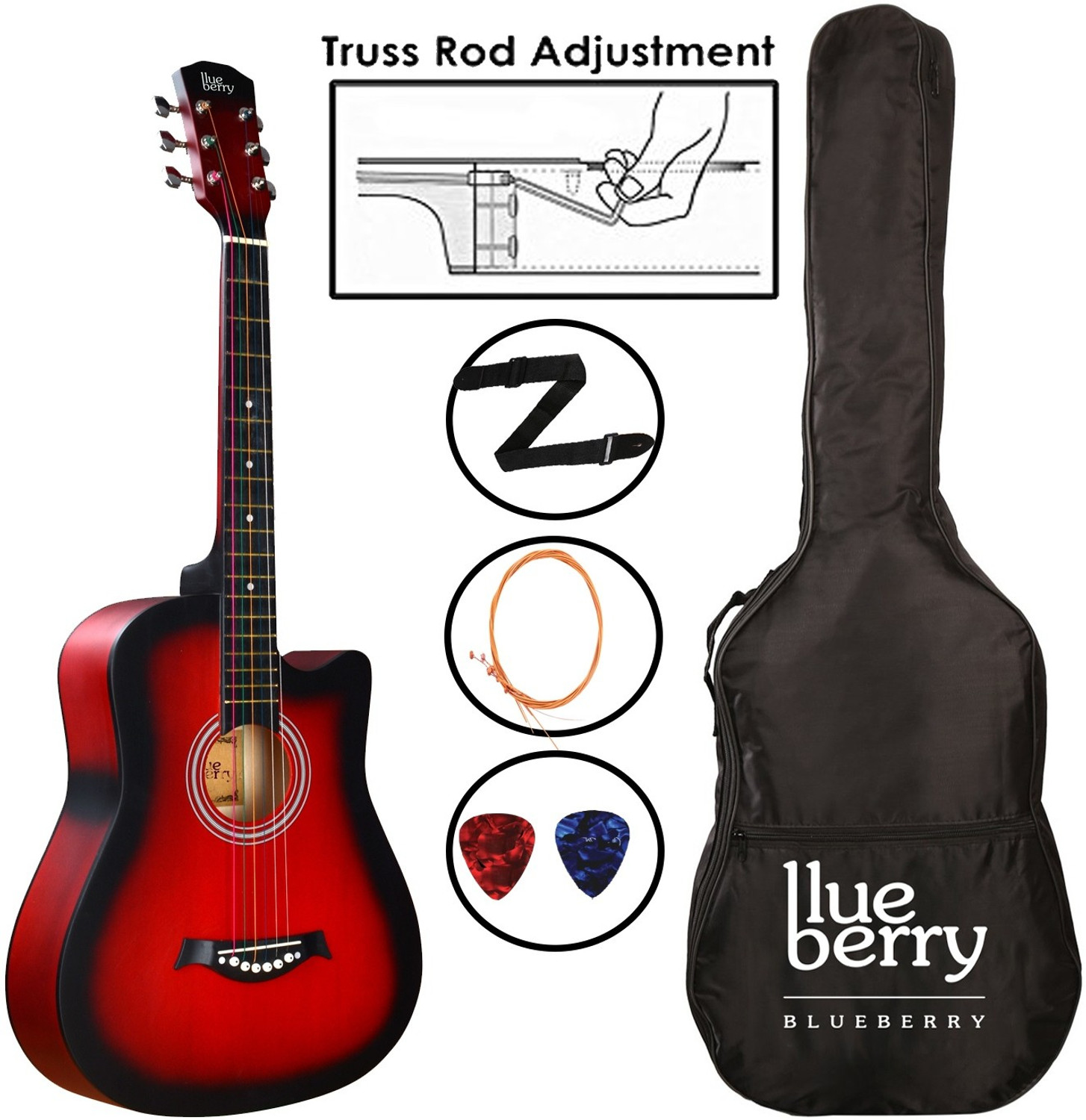 Image of BLUEBERRY B-D38-Red Sunburst, 38 inch Inbuilt TrussRod Acoustic Guitar Linden Wood Plastic Right Hand Orientation