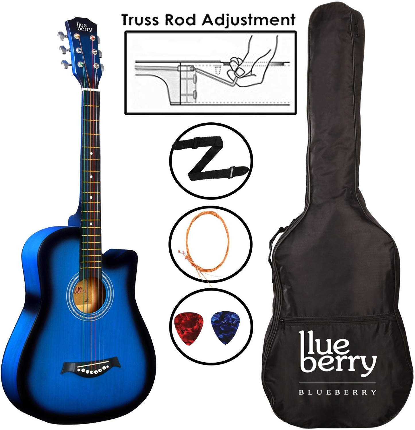 Image of BLUEBERRY B-D38-Blue, 38Inch Inbuilt TrussRod Acoustic Guitar Linden Wood Plastic Right Hand Orientation