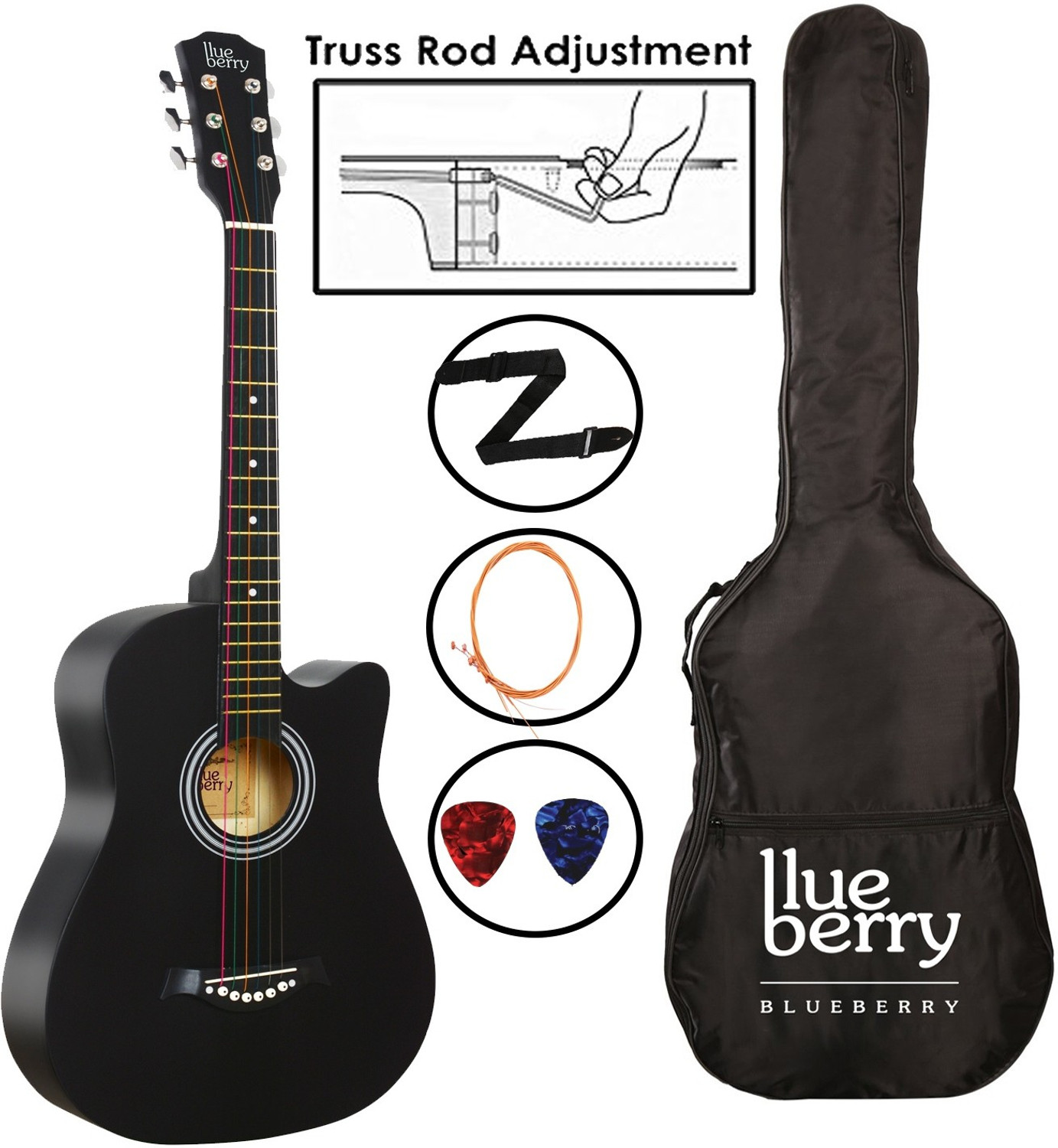 Image of BLUEBERRY B-D38-Black, 38 inch Inbuilt TrussRod Acoustic Guitar Linden Wood Plastic Right Hand Orientation