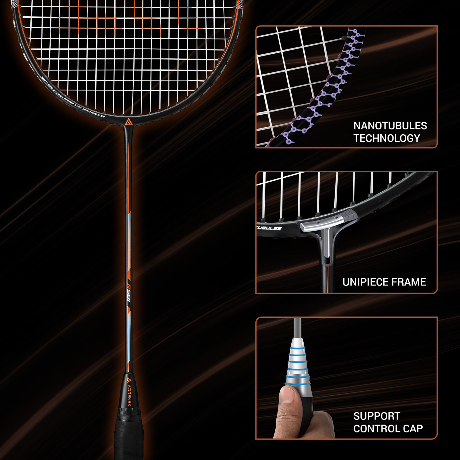 Adrenex by Flipkart R501 Full Graphite Badminton Racquet Black, Orange ...