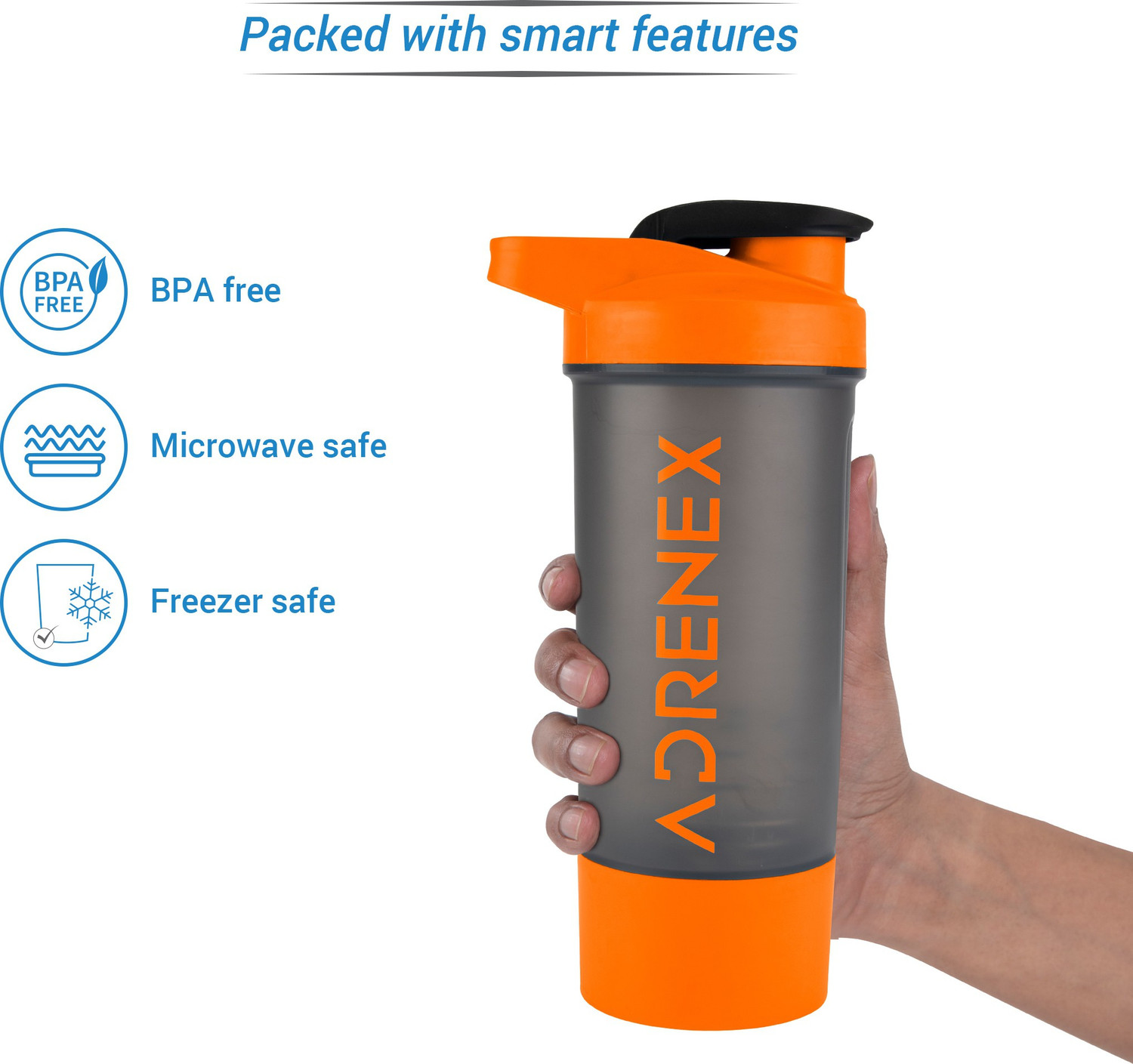 Image of Adrenex BPA Free Gym Bottle with Single Supplement Storage Compartment and Mixer Ball 700 ml Plastic Shaker