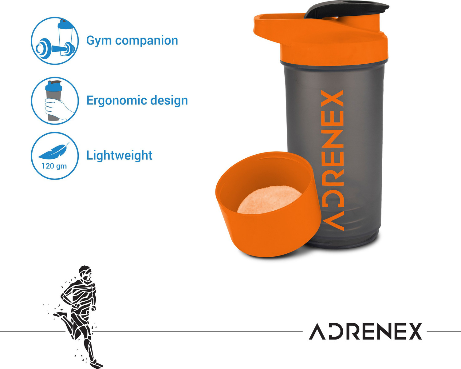 Image of Adrenex BPA Free Gym Bottle with Single Supplement Storage Compartment and Mixer Ball 700 ml Plastic Shaker