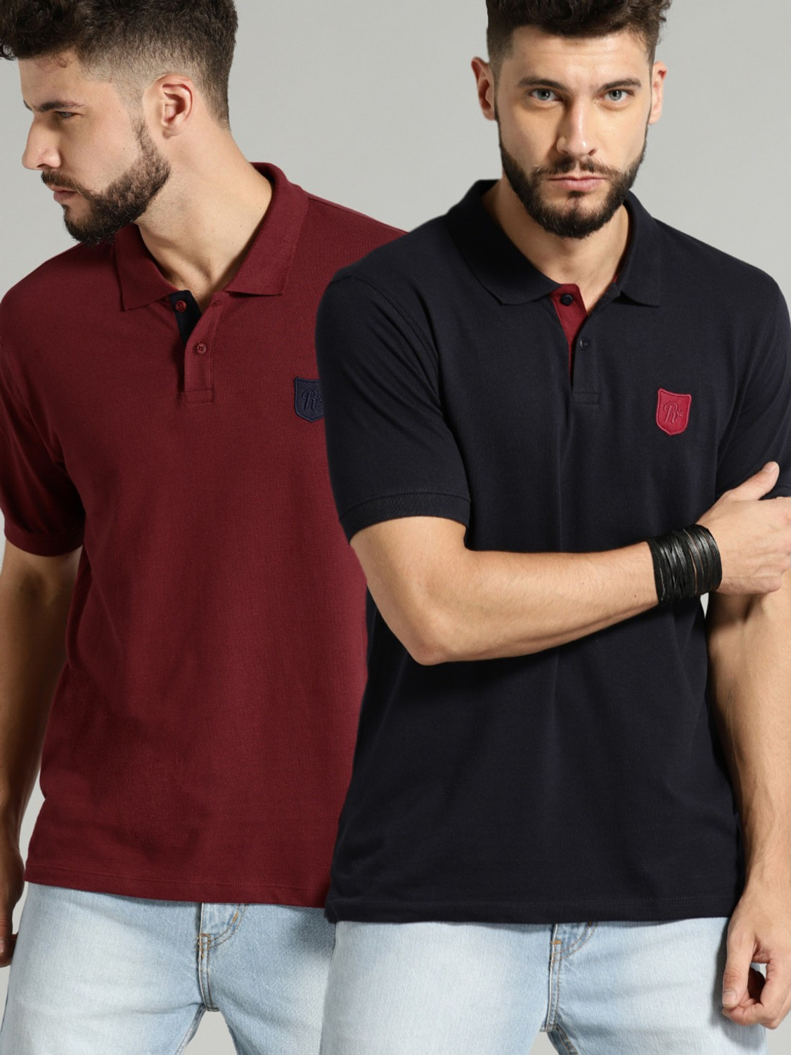 Roadster Solid Men Polo Neck Maroon, Dark Blue T-Shirt