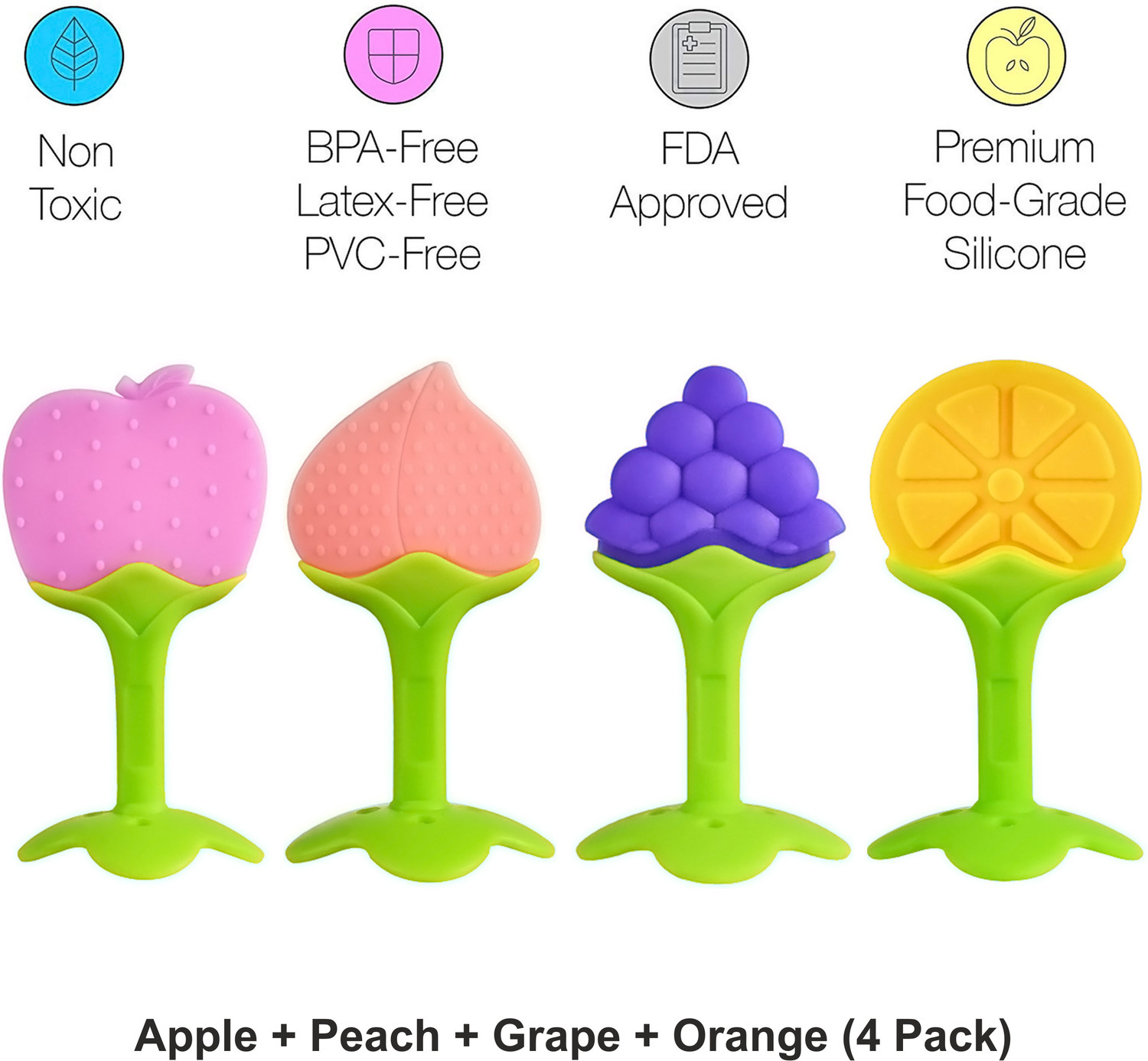 Mahikrite Baby Fruit Shape Silicone Teethers FDA-Approved Soft Silicone, BPA-Free for Infants Baby Boys &amp; Girls (4 Pack) Teether  (pink,purple,yellow)