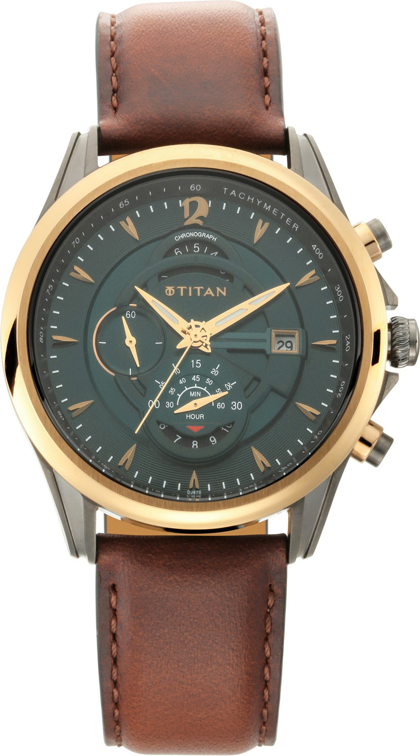 Image of Titan NQ1830KL02 Titan Maritime Pro Chronograph Green Dial Brown LeatherStrap Analog Watch - For Men