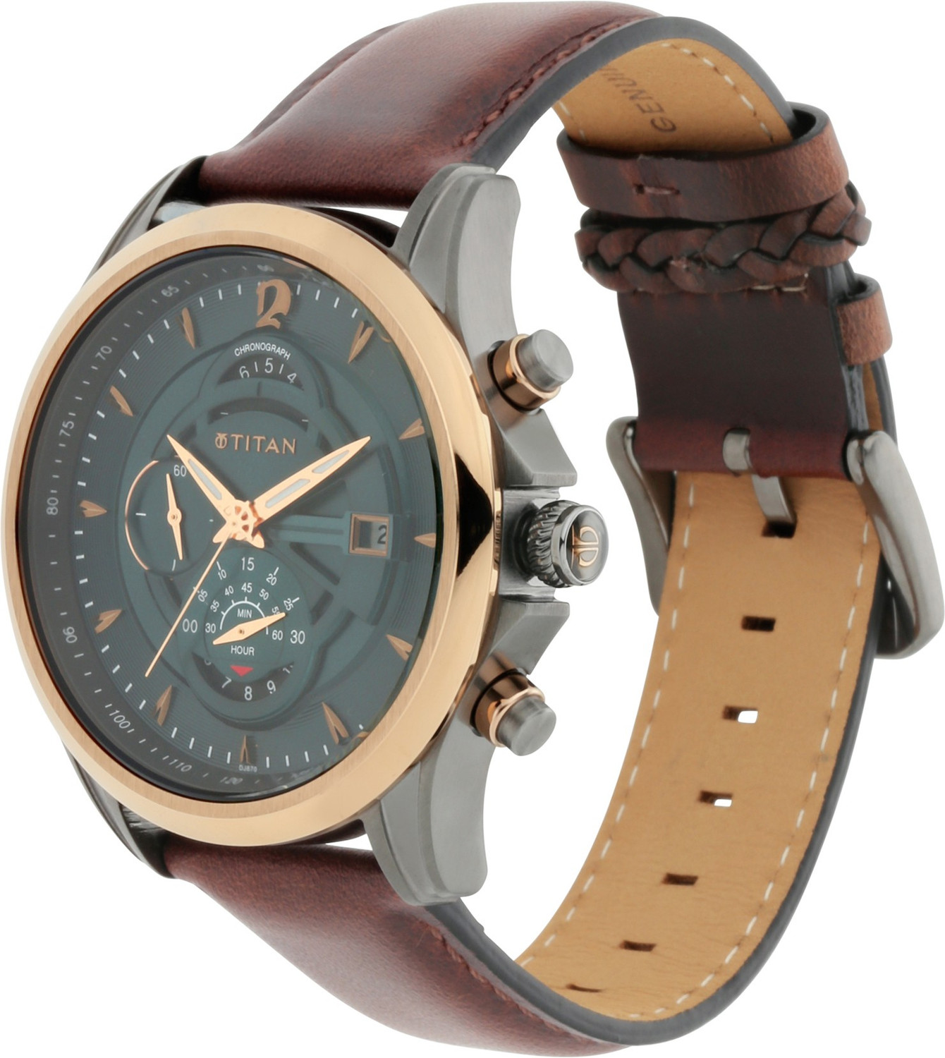 Image of Titan NQ1830KL02 Titan Maritime Pro Chronograph Green Dial Brown LeatherStrap Analog Watch - For Men