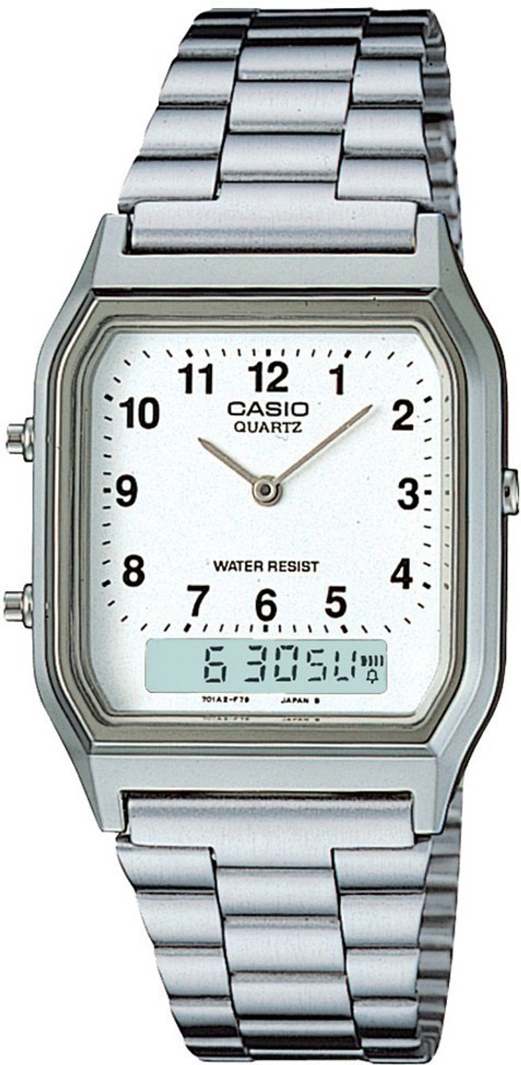 Image of CASIO AQ-230A-7BMQ Vintage AQ-230A-7BHDF White Dial Silver Stainless Steel Band Analog-Digital Watch - For Men & Women